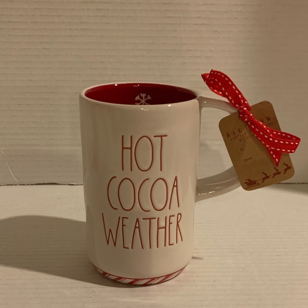 Rae Dunn Tall Festive Hot Cocoa Weather Mug Candy Cane with Red Interior NEW